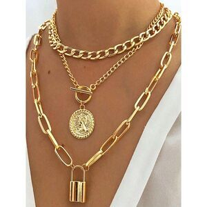Layered Gold Chain Necklace with Lock & Coin Pendant Jewelry for Women